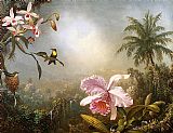 Orchids Canvas Paintings - Orchids, Nesting Hummingbirds and a Butterfly